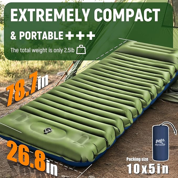 Camping Sleeping Pad, Thick 5 Inch Camping Mat with Pillow Built-in Foot Pump Ultralight Inflatable