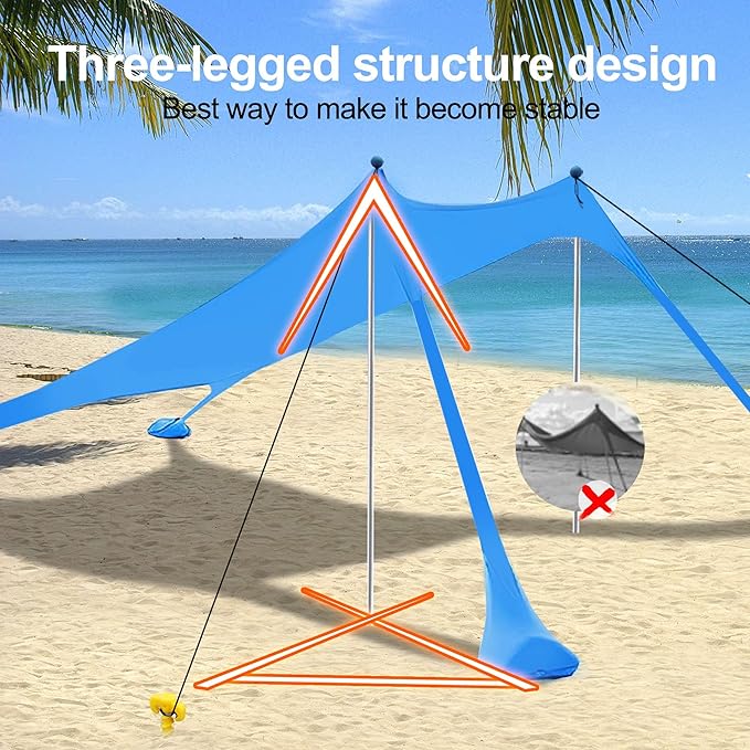 Beach Canopy Tent Sun Shade with UPF 50+ UV Protection, Beach Tent Sun Shelter with Sandbags, Poles