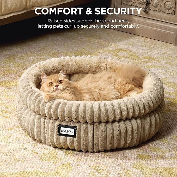 BALANCE Cat Bed Kitten Bed, Washable Round Cat Beds for Indoor Cats,Super Soft Plush Faux Fur Pet
