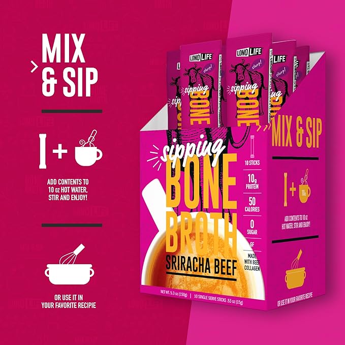 LonoLife Sriracha Chicken Bone Broth Powder Mix | 10g Protein | Collagen-Rich, Keto & Paleo