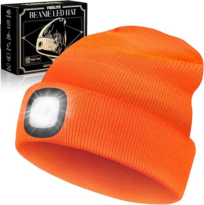 VIBELITE LED Beanie Hat with Light, USB Rechargeable LED Headlamp, Gifts for Men, Him, Husband