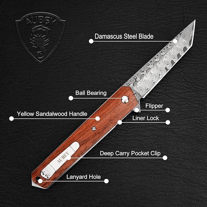 AUBEY Damascus Pocket Knife for Men, Sharp Tanto Blade with VG10 Core Folding Knives with Wooden