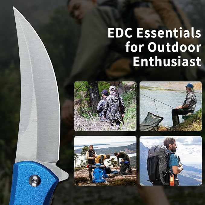 Tactical Folding Knife with upswept 440C High Carbon Stainless Steel Blade, Blue Aluminum Handle