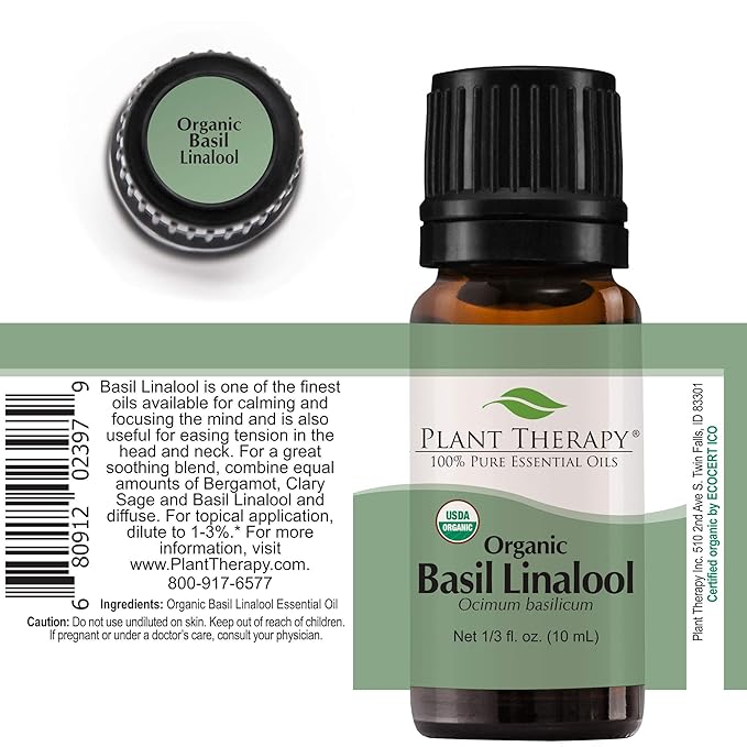 Plant Therapy USDA Certified Organic Basil Linalool Essential Oil 10 mL (1/3 oz) 100% Pure