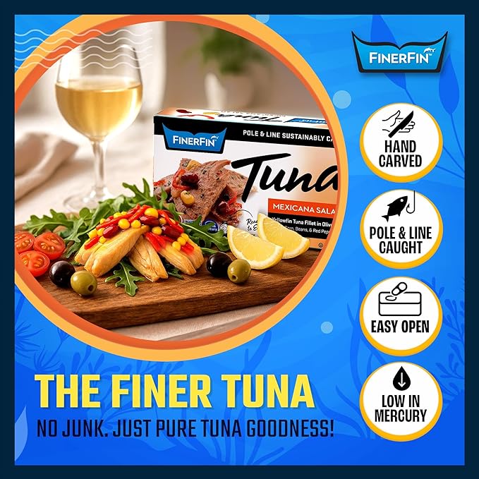 FinerFin Yellowfin Tuna In Organic Olive Oil ??Mexicana Salad Flavor (4.4oz can - 6 Pack); Premium