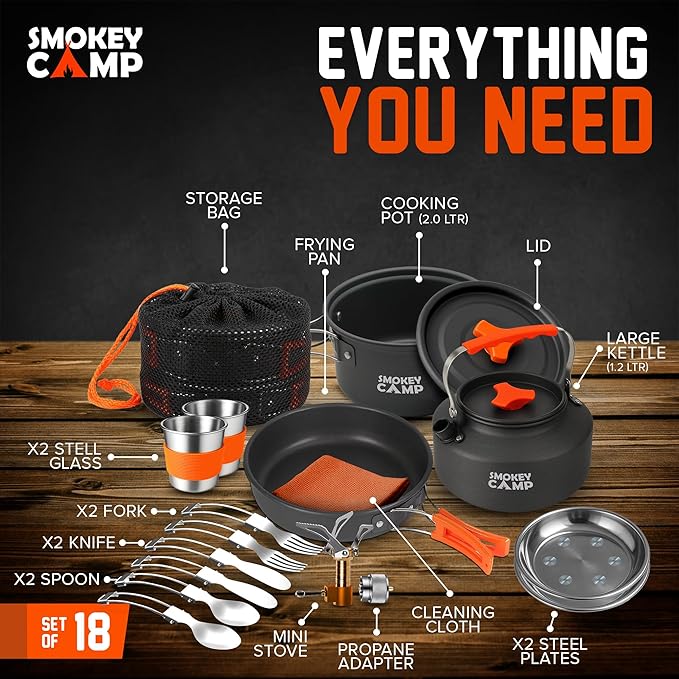Camping Cookware Mess Kit Set with Stove - Backpacking Camping Pots and Pans Set, All in One