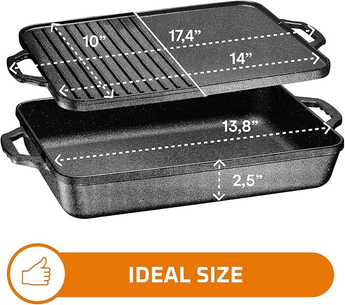 Bruntmor 3-in-1 Pre-Seasoned Cast Iron Pan with Reversible Grill Griddle Lid - 17.8"x11"x3.3"