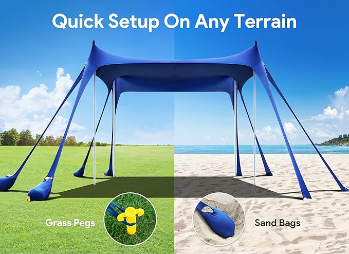 Osoeri Beach Tent, Camping Sun Shelter UPF50+ with 8 Sandbags, Sand Shovels, Ground Pegs &