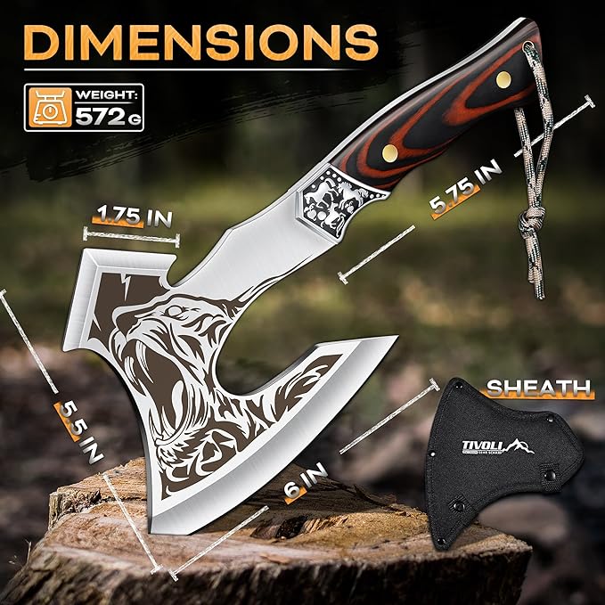 TIVOLI Camping Axe, Tiger - Patterned Survival Hatchet with Nylon Sheath, High Carbon Steel Blade