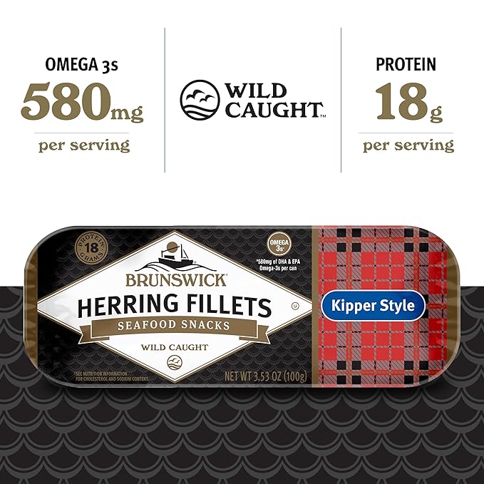 Brunswick Boneless Kipper Style Herring Fillets, 3.53 oz Can (Pack of 12) - 18g Protein per Serving