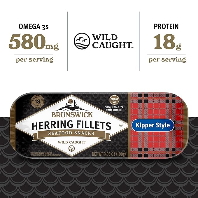 Brunswick Boneless Kipper Style Herring Fillets, 3.53 oz Can - 18g Protein per Serving - Gluten