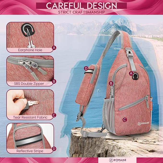 ZOMAKE Sling Bag,Small Crossbody Sling Backpack,Water Resistant Shoulder Daypack for Travel,Anti