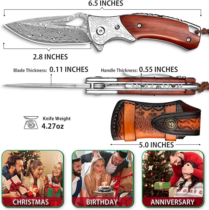 NedFoss Heron Damascus Pocket Knife, 2.8" Handmade Forged VG10 Damascus Steel Blade, 6.5" EDC