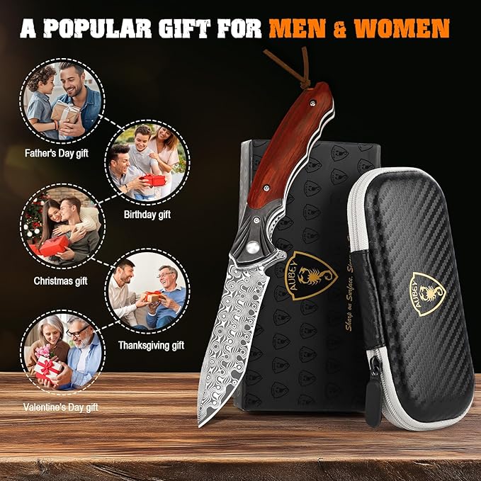 AUBEY Damascus Pocket Knife, Folding Knife with 3.43" Blade, Wooden Handle, Clip, EDC Knife for