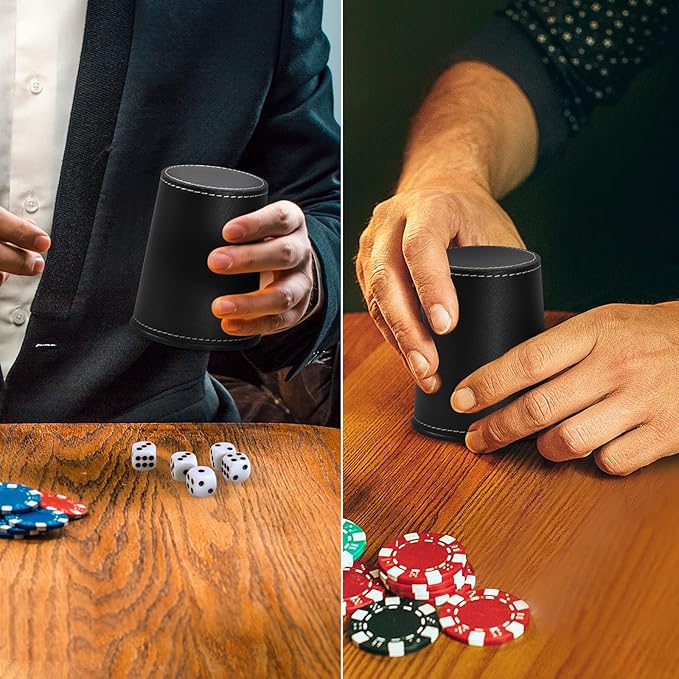 Leather Dice Cup Set, 5 Black Leather Dice Cups + 25 Dice + Exclusive Storage and Transport Case