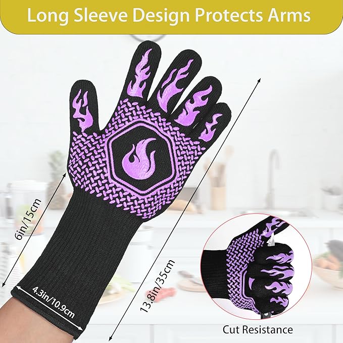 BBQ Fireproof Gloves, Grill Cut-Resistant Gloves 1472°F Heat Resistant Gloves, Non-Slip Silicone