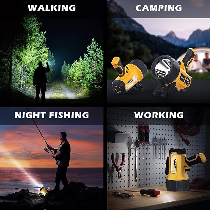 FORTO Rechargeable Spotlight, 200000 Lumens Handheld Spot Light with Foldable Stand, 6 Modes IPX7