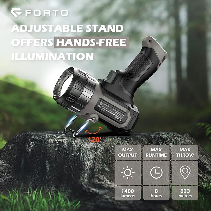FORTO Compact Rechargeable Spotlight with Adjustable Focus, Handheld Spot Light with Stand, 823m
