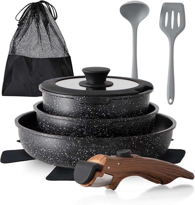 10 Pcs Pots and Pans Set Non Stick, Nonstick Kitchen Cookware Sets Detachable Handle, Induction