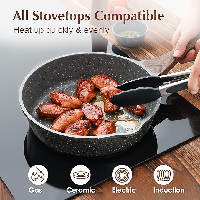 SENSARTE Nonstick Skillet, Deep Frying Pan 10/11/12-inch, Saute Pan with Lid, Stay-cool Handle