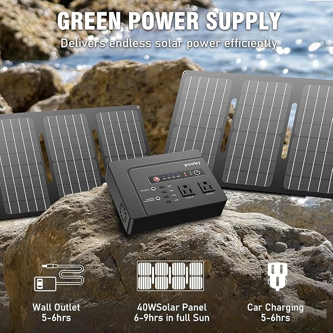 Powkey Solar Powered Generator,200W Portable Solar Generator Power Station with Solar Panels