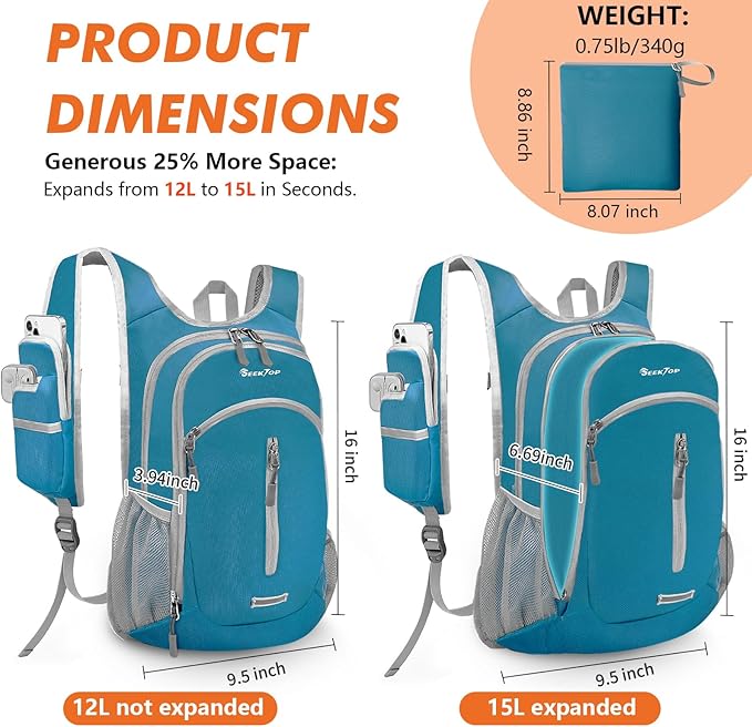 Seektop Small Hiking Backpack 12L to 15L Expandable Travel Packable Waterproof Daypack Lightweight
