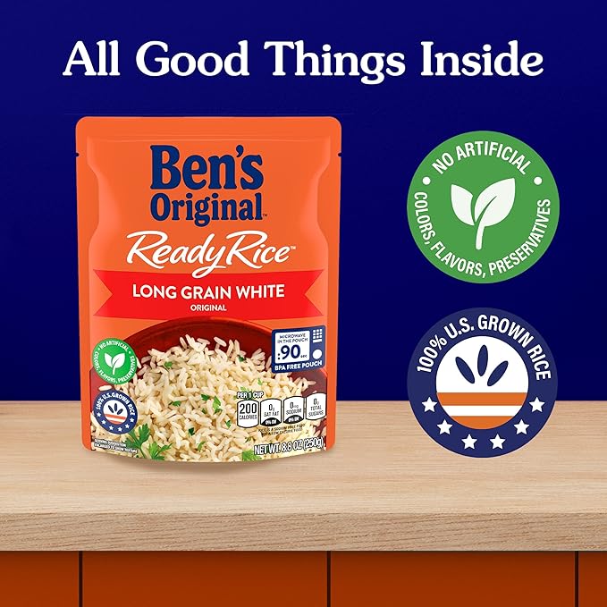 BEN'S ORIGINAL Ready Rice Original Long Grain White Rice, Easy Dinner Side, 8.8 oz Pouch (Pack of
