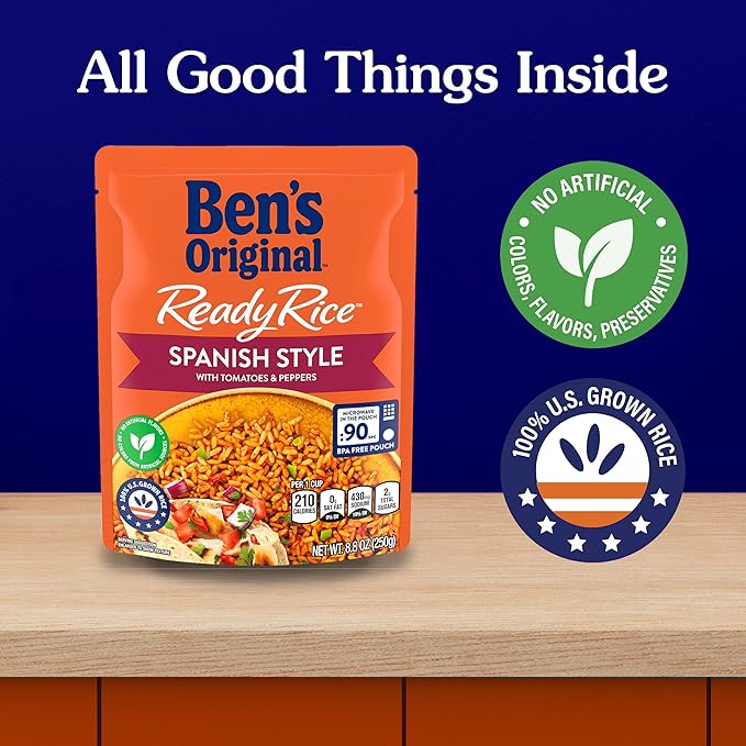 BEN'S ORIGINAL Ready Rice Spanish Style Flavored Rice, Easy Dinner Side, 8.8 OZ Pouch (Pack of 12)