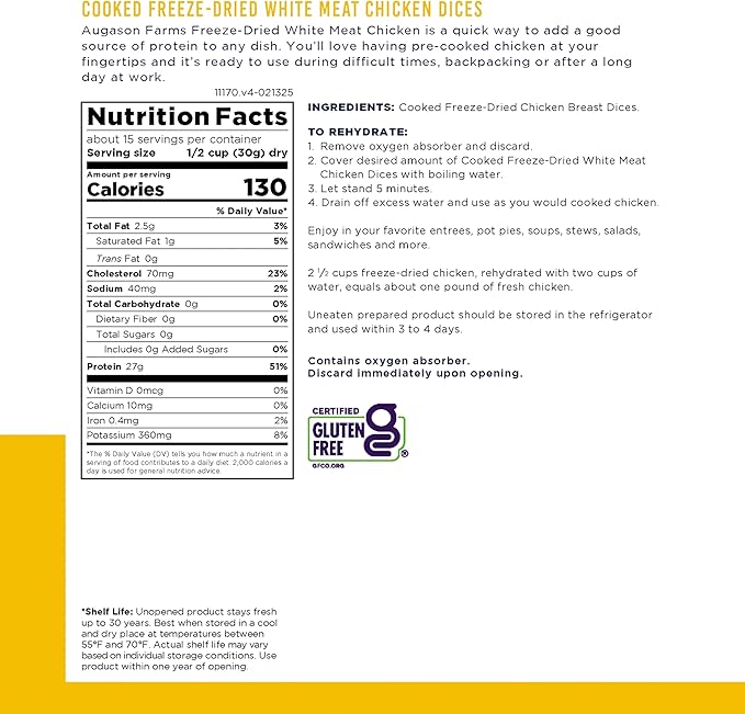Augason Farms Cooked Freeze Dried White Meat Chicken Dices Can, Emergency Food Supply, Everyday