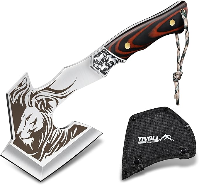 TIVOLI Camping Axe, Lion - Patterned Survival Hatchet with Nylon Sheath, High Carbon Steel Blade