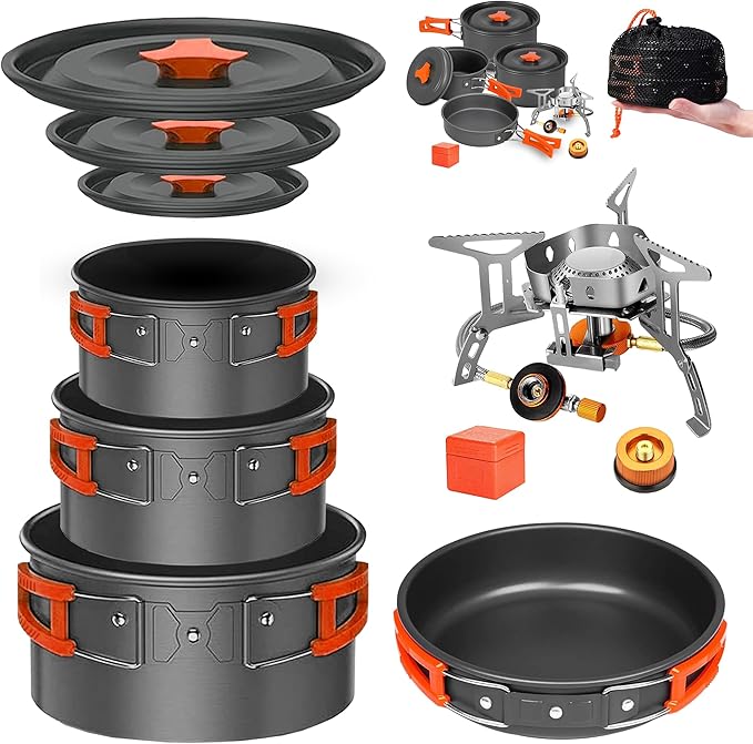 Camping Cookware Mess Kit Set with Stove - Backpacking Camping Pots and Pans Set, All in One