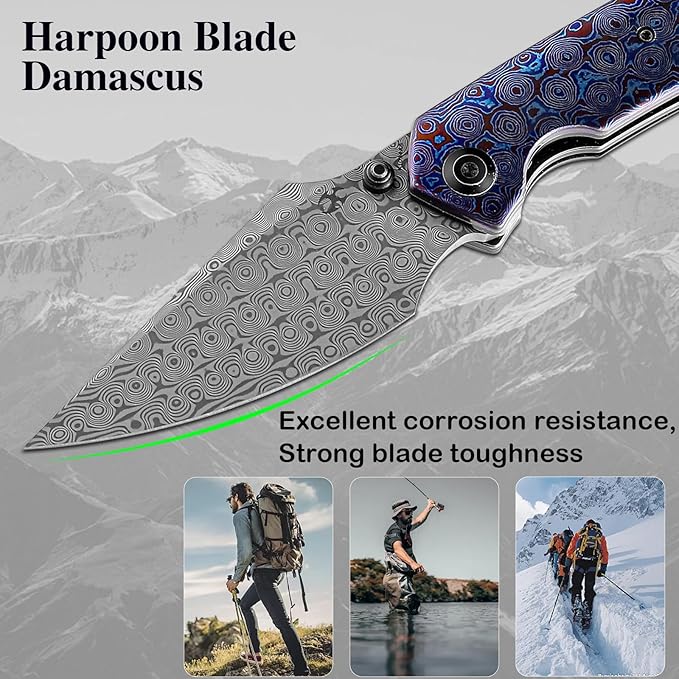 KANSEPT Fenrir Pocket Folding Knives for Men Women EDC Camping Fishing Knives 3.48'' Damascus