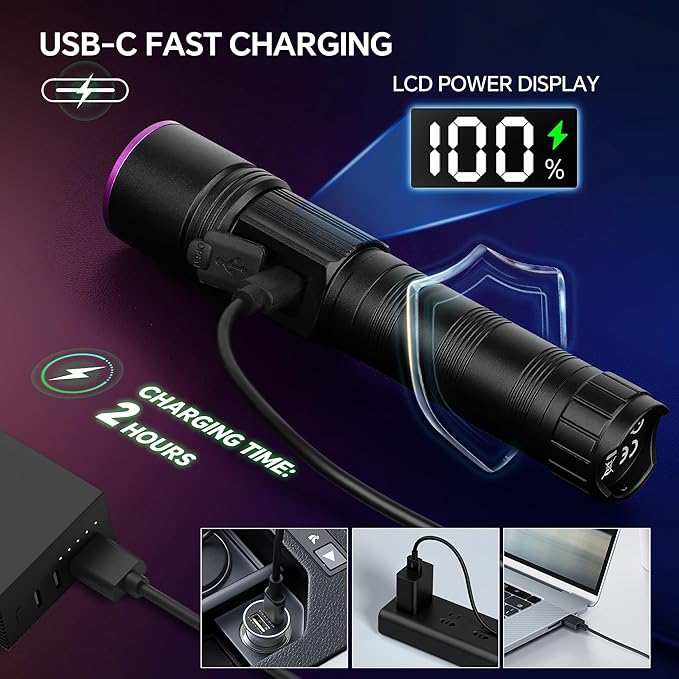 365nm Black Light Flashlight, UV Flashlight Rechargeable with LCD Display, Powerful Ultraviolet