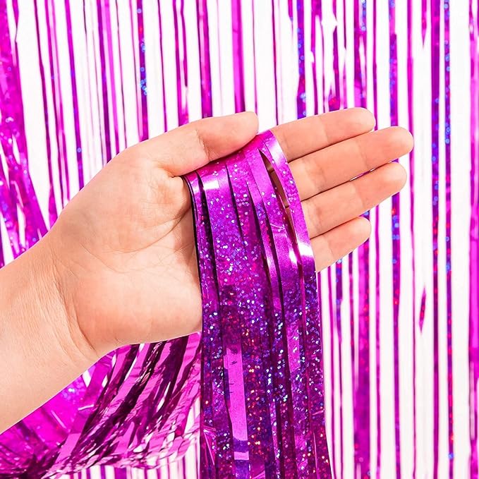 BRAVESHINE Hot Pink Tinsel Foil Fringe Curtains - 2Pcs 3.2x8.2ft Metallic Party Streamers Backdrop