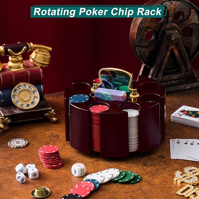 Wettarn Poker Chips Poker Set, 200 Count Rotating Chip Case Wood Carousel Case Holder with 200 Pcs