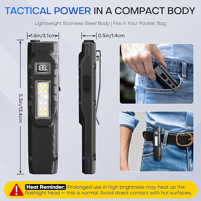 EDC Tactical Flashlight, Flat Flashlights Rechargeable,Dual-Switches LED Small Flashlight with