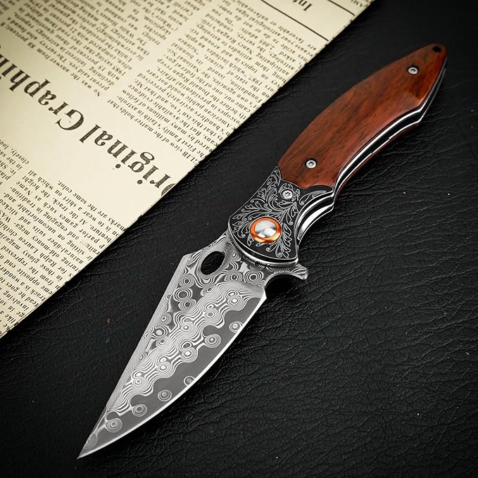 Damascus Pocket Knife, 3.27??Damascus Blade EDC Folding Knives with Guibourtia Wooden Handle