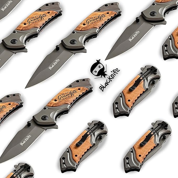 BlacKnife Folding Pocket Knife with Wooden Handle and Clip – Ideal Knife for Camping, Hunting, DIY