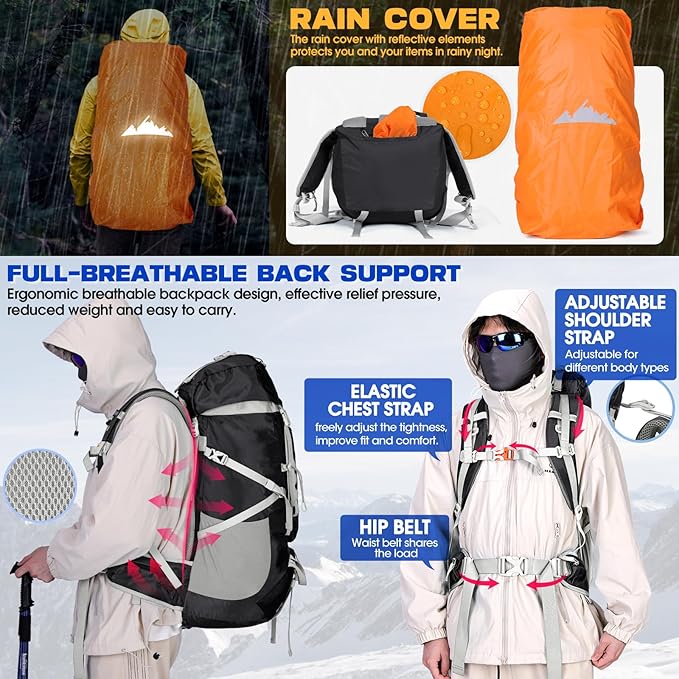 IGOLUMON 60L Hiking Backpack Waterproof Camping Backpack with Rain Cover Large Lightweight
