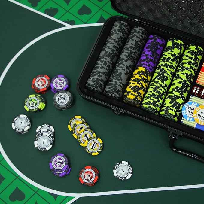 ORIENGEAR Poker Chip Set with Denominations, 500 PCS 14 Gram Clay Composite Casino Chips with ABS