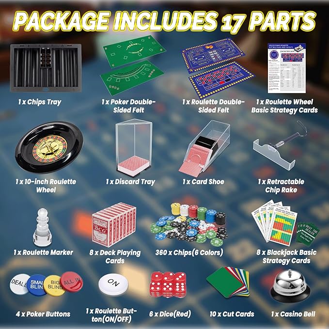 5 in 1 Super Casino Game Set: Blackjack/Roulette/Craps/Texas Hold'em/Poker Kit with Shoe+Discard