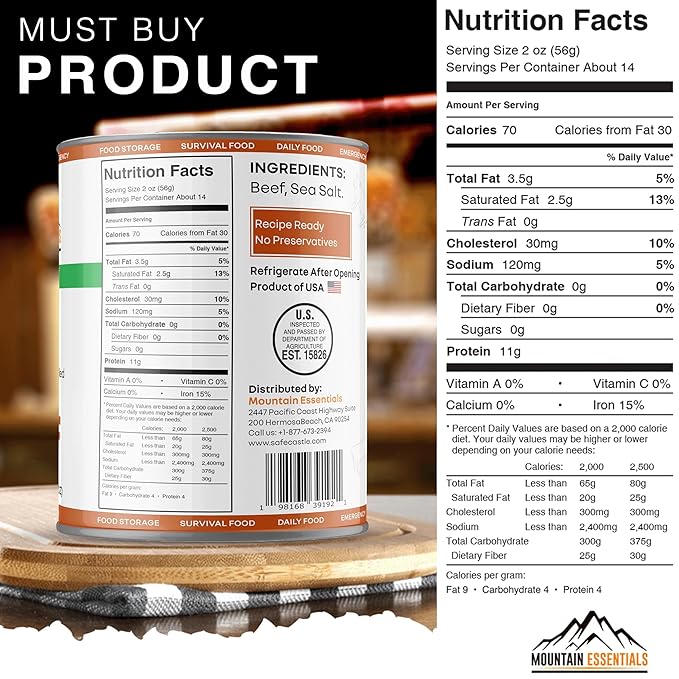 MOUNTAIN ESSENTIALS All Natural Canned Beef 28 Oz ??Fully Cooked, Ready to Eat, Gluten Free