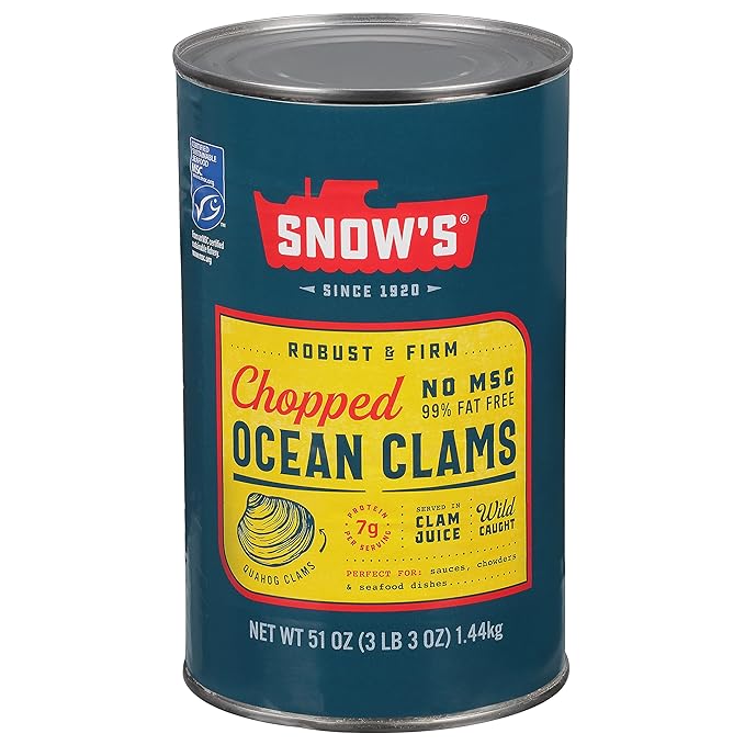 Snow's Ocean Chopped Clams Canned, 51 oz Can - 7g Protein per Serving - Gluten Free, No MSG, 99%