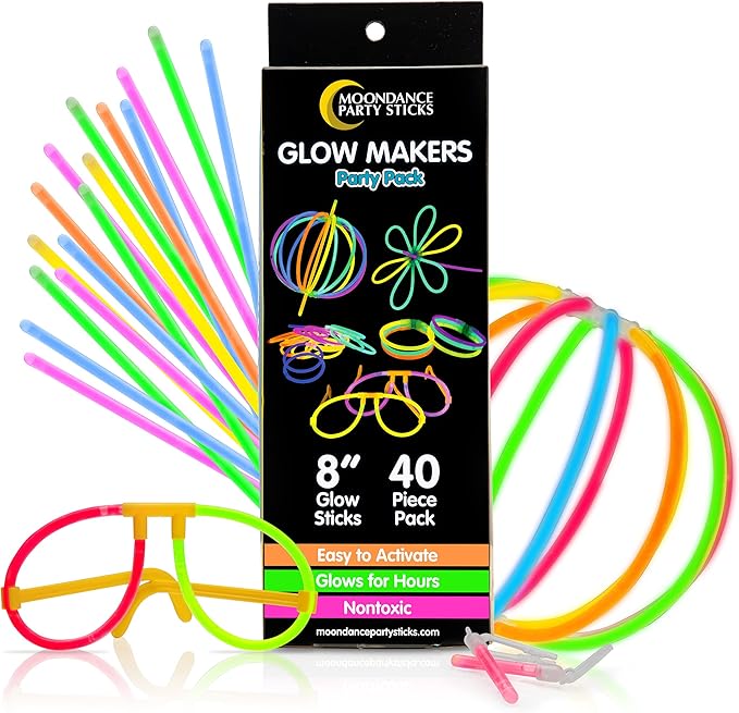 PartySticks Moondance Glow Sticks and Connectors - 40pk Glow in The Dark Party Favors with 16 Glow