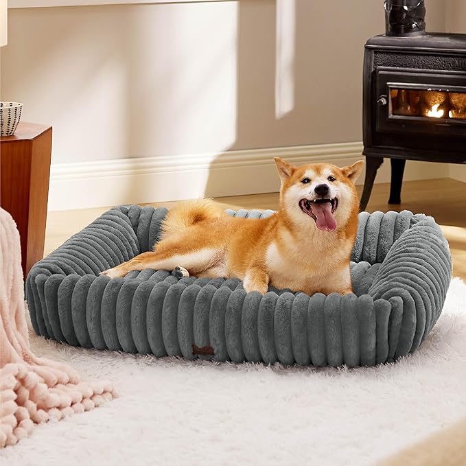 Bedsure Cute Dog Bed for Large Dogs - Washable Furry Puppy Beds, Rectangle Orthopedic Corduroy