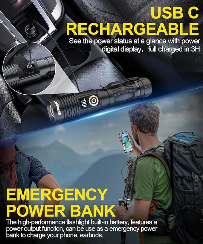 Rechargeable Flashlight High Lumens- Super Bright Magnetic Flash Light with Power Digital Display