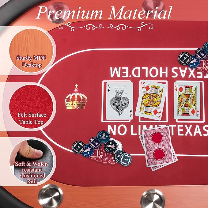 10 Players Oval Poker Table with Padded Rails, Folding Casino-Style Texas Wood Grain Game Poker