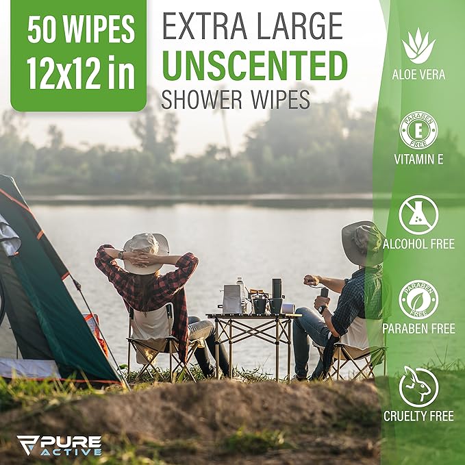 Body Wipes for Camping 50 XXL Camping Wipes 12''x 12'', Shower Body Wipes for Camping, Body and