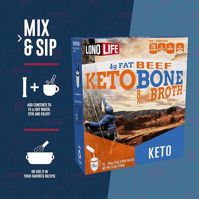 LonoLife Keto Beef Bone Broth Powder Mix | Grass-Fed, 10g Protein | Collagen-Rich, Keto & Paleo