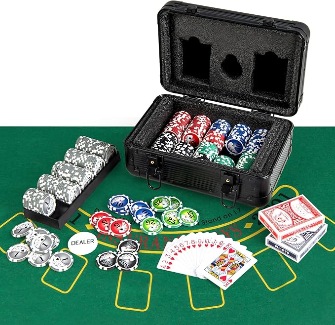 Goplus Poker Chip Set, 300 PCS Chips, 2 Decks Cards, Dealer Button, Poker Felt, Aluminum Case for
